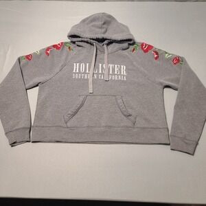 Hollister Gray Floral Embroidered Hoodie M Y2K Soft Grunge SOCAL Emo LA Core